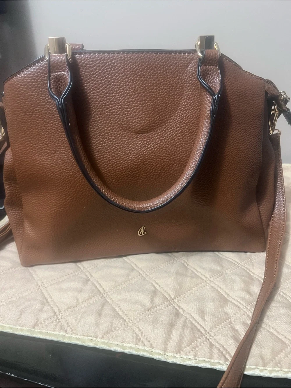 Classic Pebbled Brown Leather Shoulder Bag with Top Handles